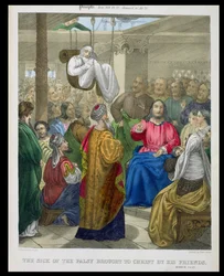 Chory na porażenie mózgowe przyprowadzony do Chrystusa przez swoich przyjaciół, z Biblii wydrukowanej przez Edwarda Govera, lata 70-te XIX wieku